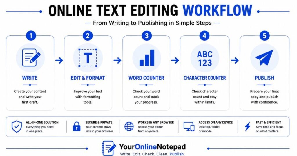 Online text editing workflow from writing to publishing