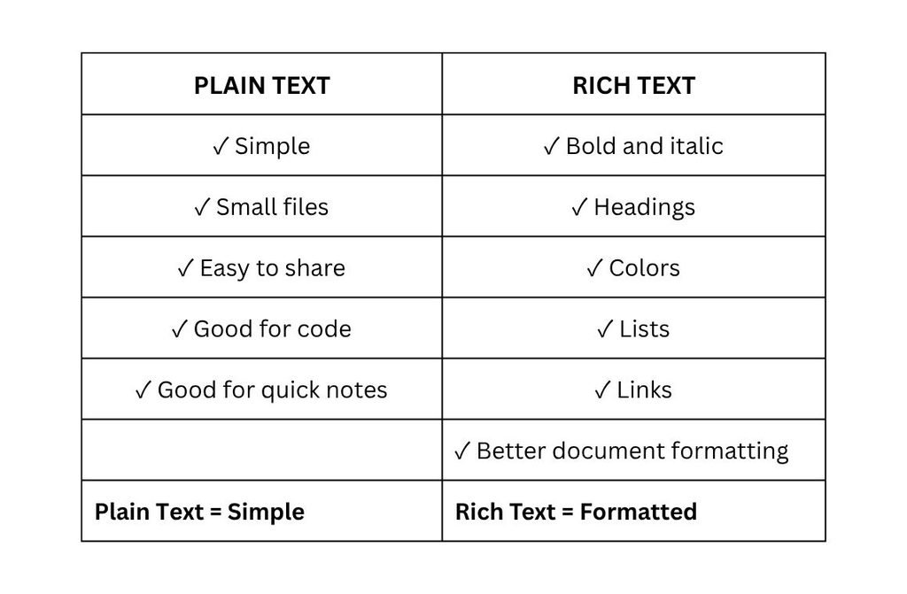Plain Text vs Rich Text features comparison infographic