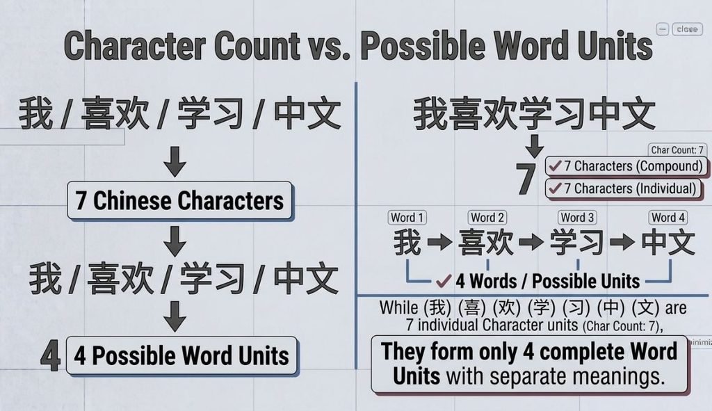 Chinese word segmentation example showing characters and words