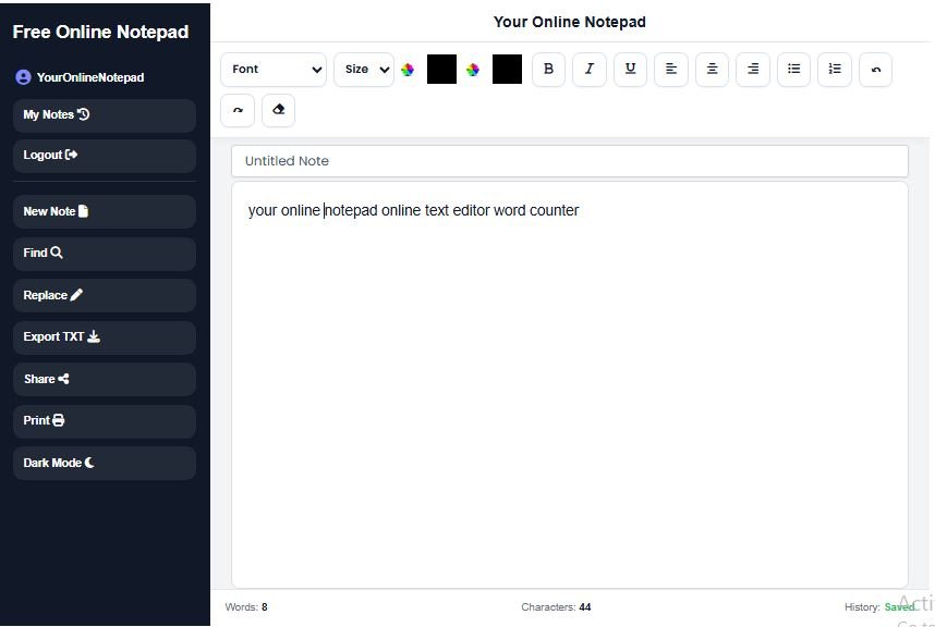 Online Text Editor showing word and character counts