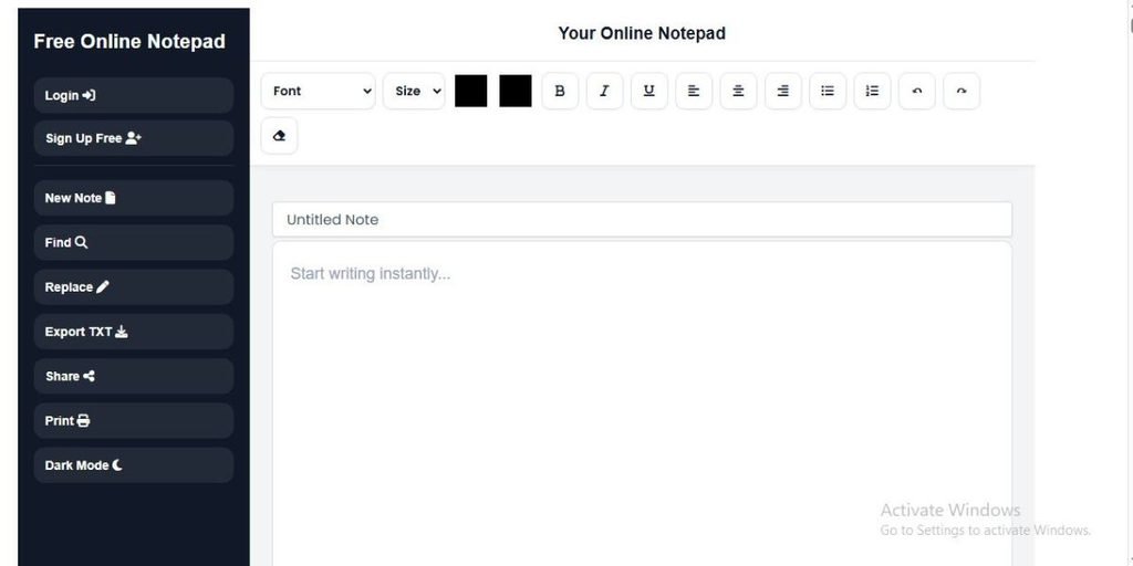 YourOnlineNotepad free browser-based text editor